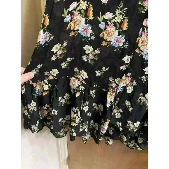 ZARA BLACK FLORAL SEMI SHEER CHIFFON TUNIC RUFFLE LAYERS DRESS MOCK NECK SIZE XS - Picture 9 of 14